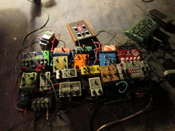 go thru this. Korg MS 2000 controls the modular and then also goes into pedal board. $20.00 DOD mixer sends all instruments  into board.